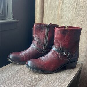 Frye Burgundy Leather Ankle Boots with Buckle Strap